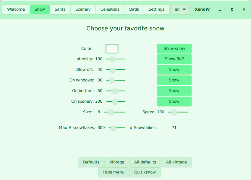 Here the preferences for snow are set. In vintage-mode, Rick-made snowflakes are shown. By default, you will see randomly formed flakes.
