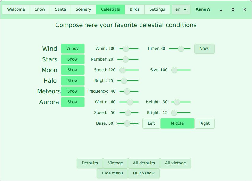 Here you choose and influence items that have their place in the sky, more or less. In vintage mode, all but the wind is gone. You can choose to have an halo around the moon. For the aurora (northern light) you can set where it will appear (left, middle, right) and you can specify the width, height, speed and brightness. To mimic the long exposure times and time lapses that are generally used when taking pictures and films, crank up speed and brightness.